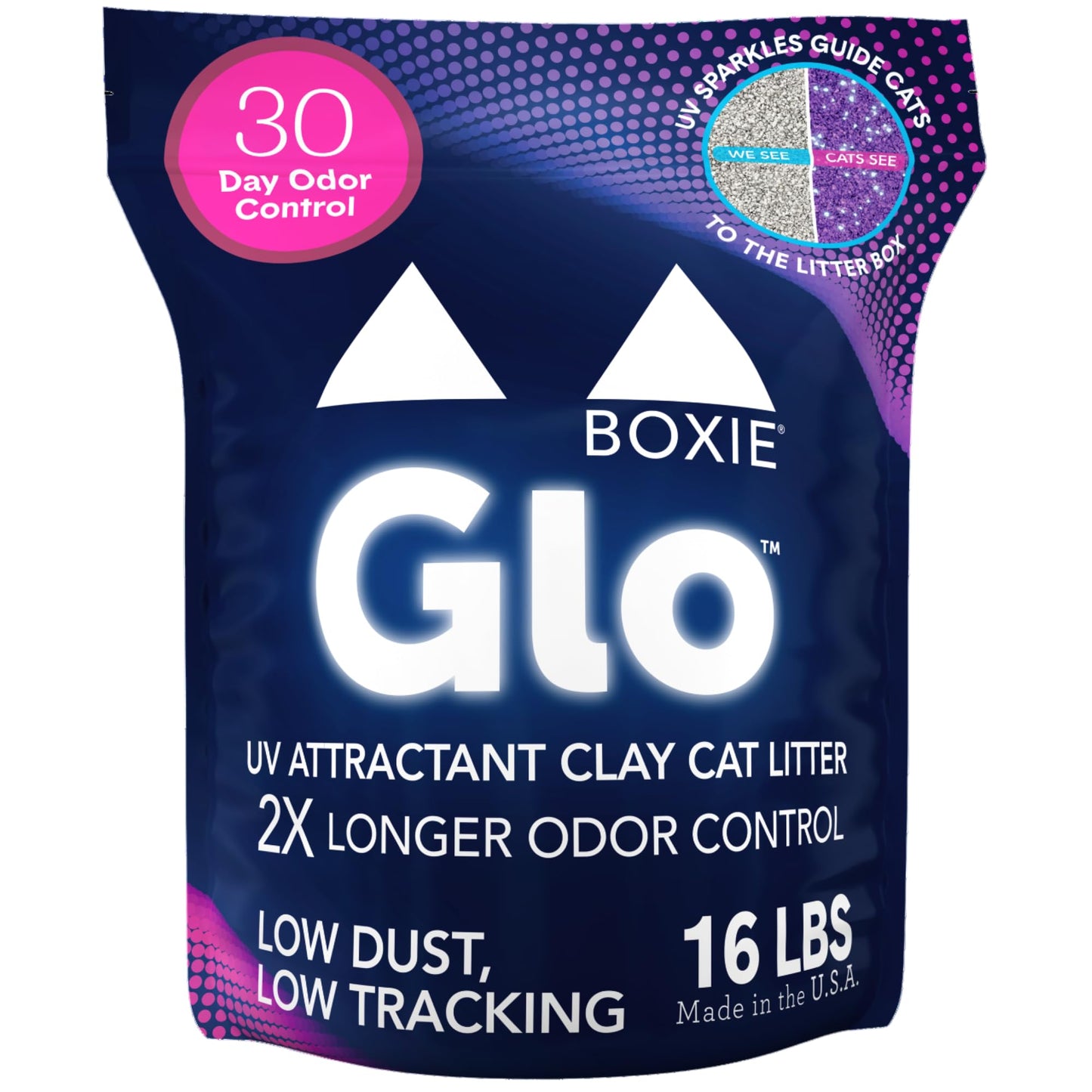 Boxie® Glo™ 30 Day Odor Control Clumping Clay Cat Litter, 16 lb, Multi-Cat, 99.9% Dust-Free, Low Tracking, UV Light Attractant, Superior Clumping for Easy Scooping