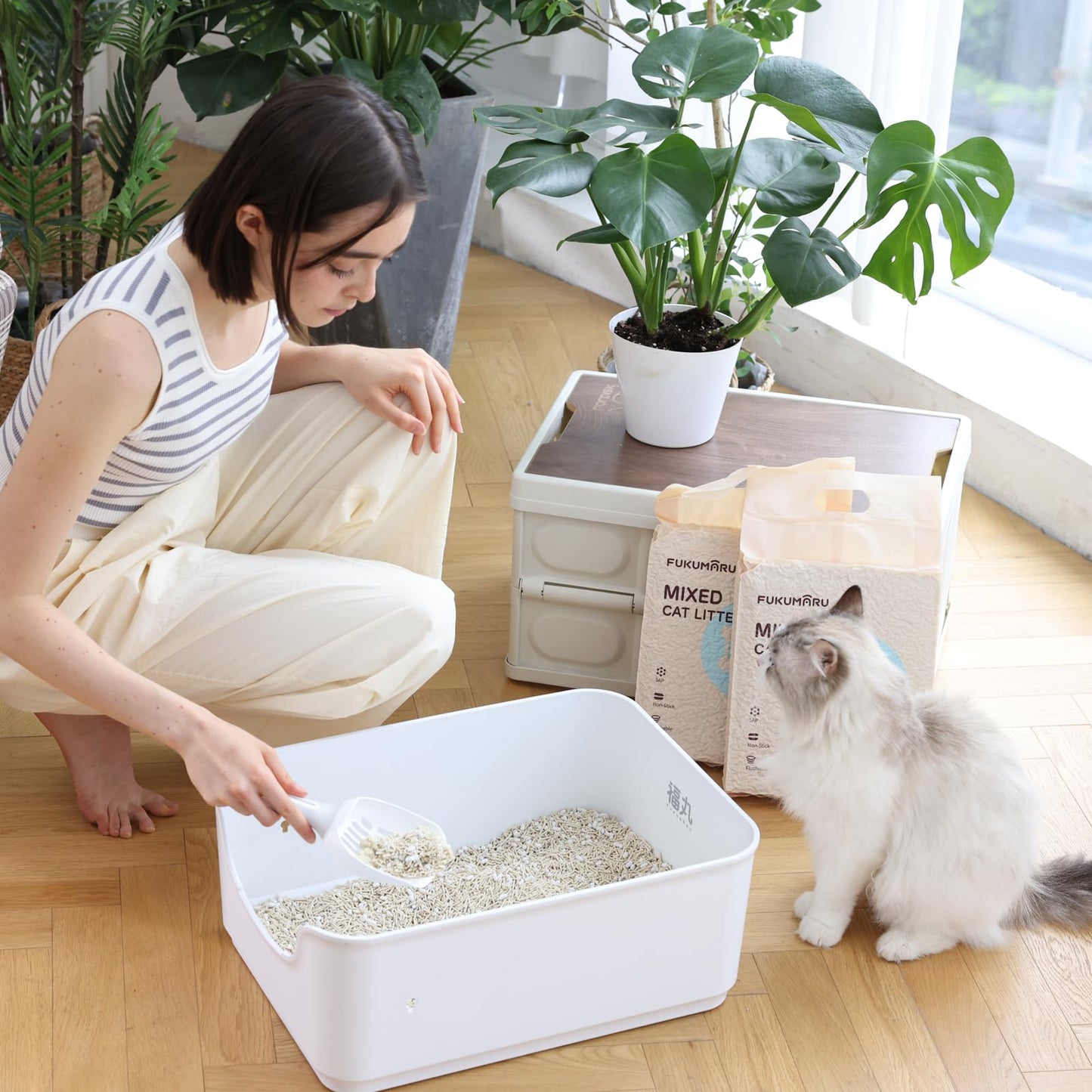 FUKUMARU Tofu Cat Litter Super Ultra Absorbent, Dust Free Cat Litter, Flushable, Lightweight, Quick Clumping, Low Tracking, Odor Control, White Tea Light Aroma Mixed Cat Litter, 18 LBS (3 Packs)