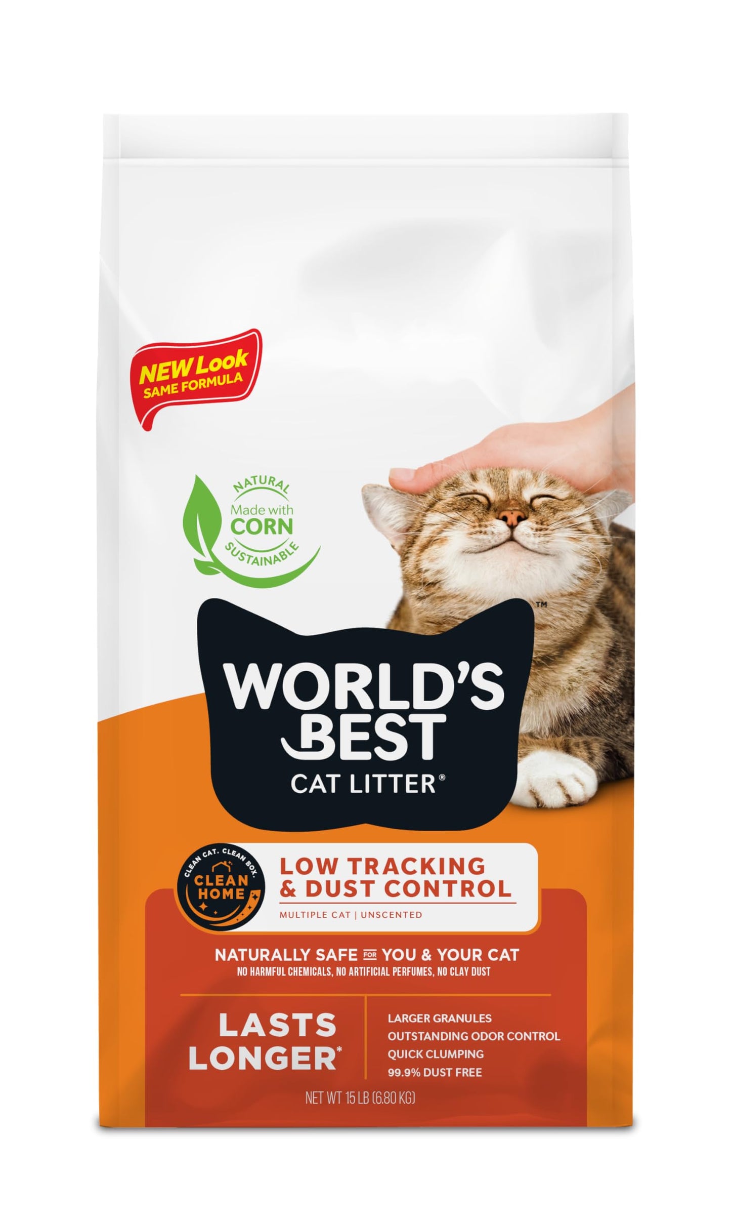 WORLD'S BEST CAT LITTER Low Tracking & Dust Control Multiple Cat Unscented 15-Pounds - Natural Ingredients, Quick Clumping, Flushable & Made in USA - Long-Lasting Odor Control & Easy Scooping