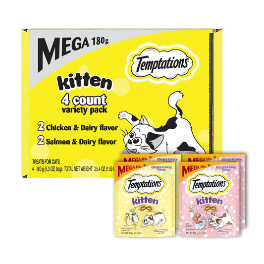 Temptations Kitten Crunchy and Soft Treats Chicken and Dairy Flavor and Salmon and Dairy Crunchy, 6.3 oz., Variety Pack of 4