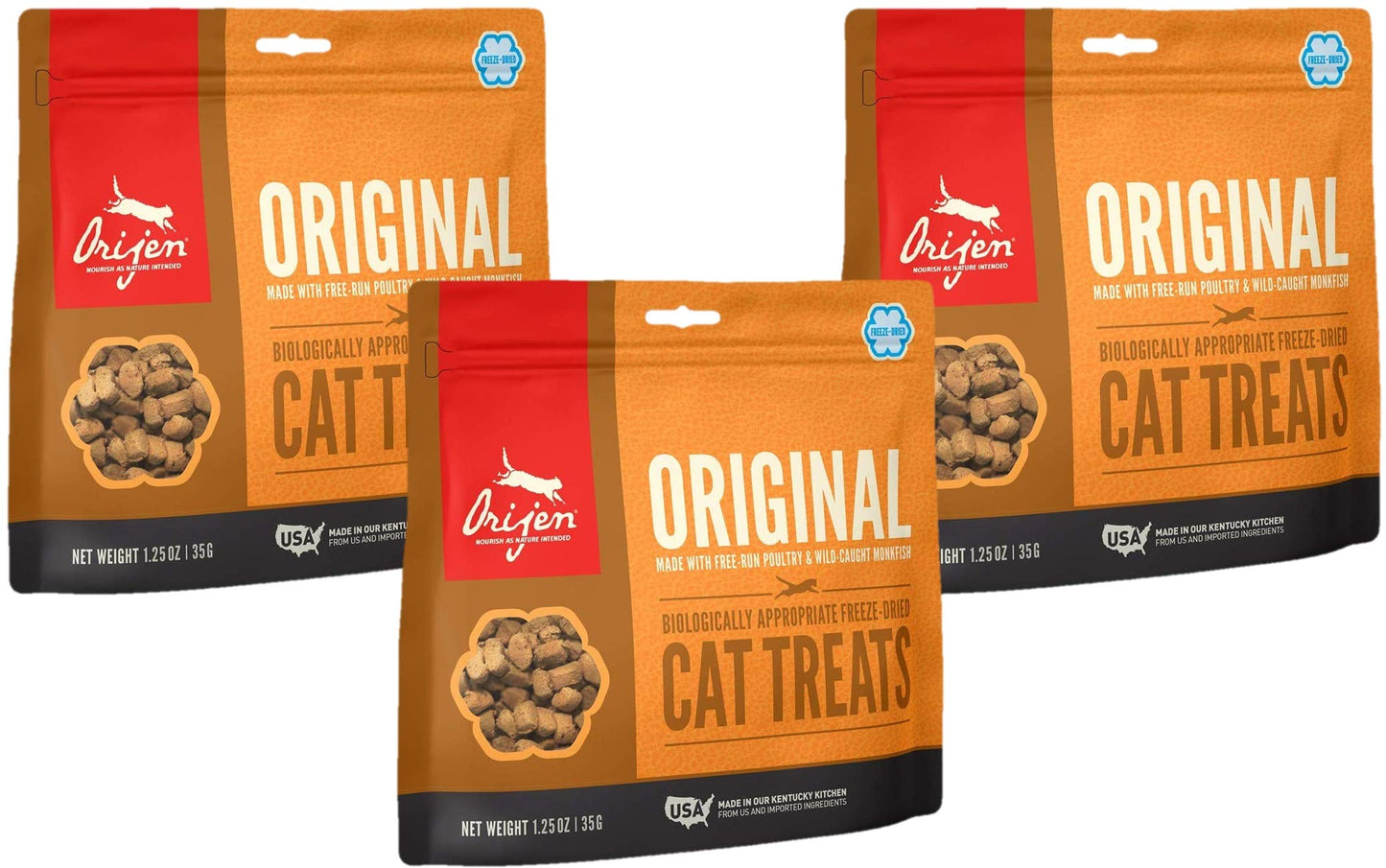 ORIJEN 3 Pack of Original Cat Treats, 1.25 Ounces Each, Freeze-Dried, Grain-Free, Made in The USA