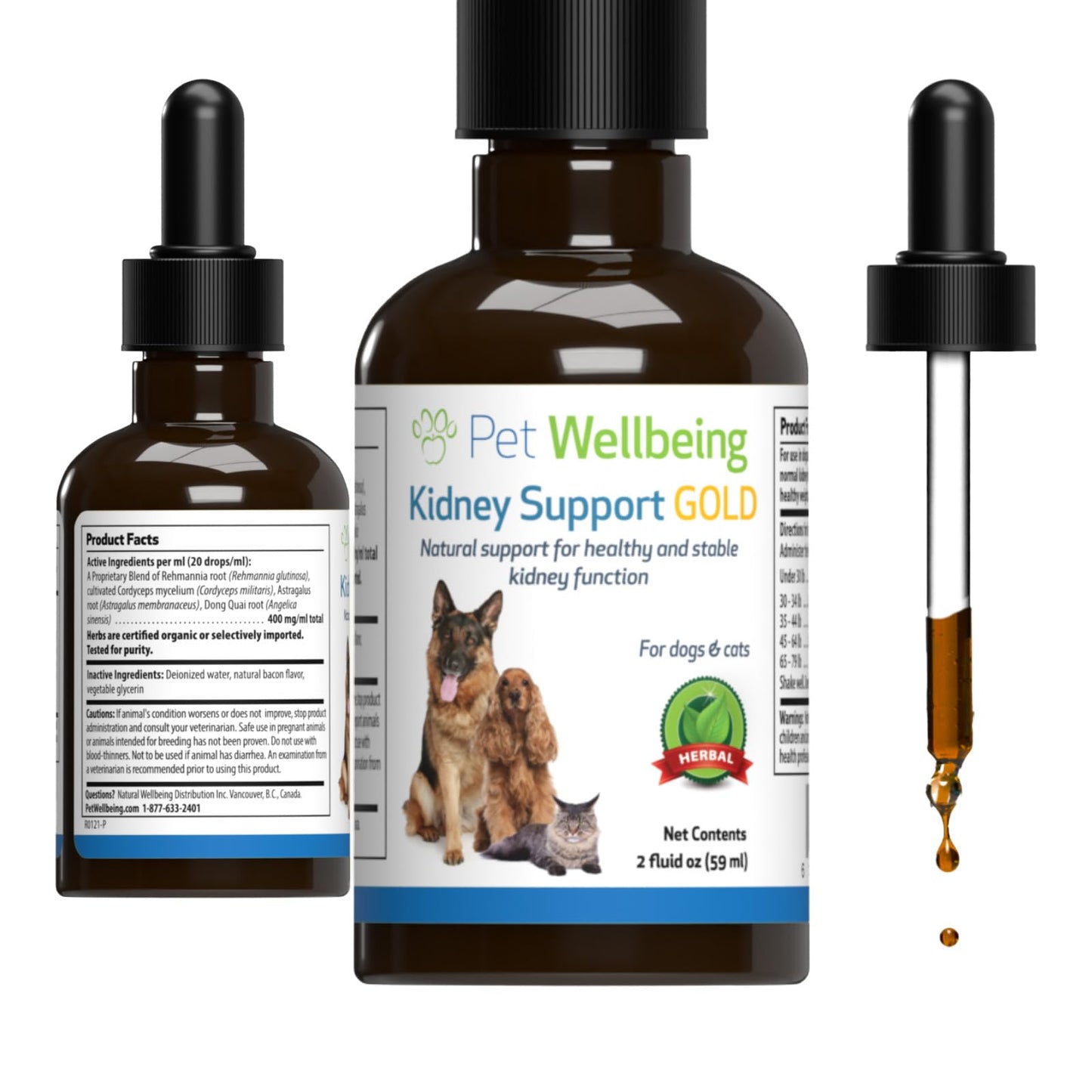 Pet Wellbeing Kidney Support Gold for Cats - Supports Healthy Kidney Function, Fluid Balance, Energy Levels, Rehmannia, Dong Quai - Veterinarian-Formulated Herbal Supplement 2 oz (59 ml)