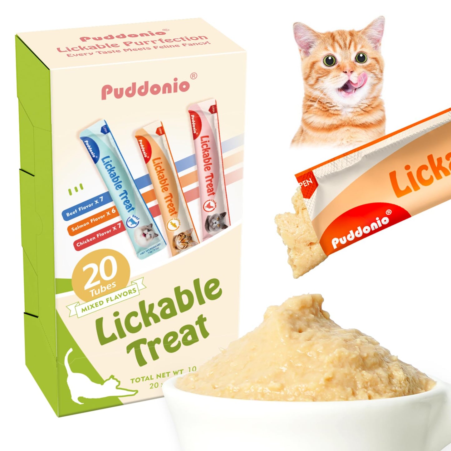 Puddonio High Meat Content Lickable Wet Cat Treats, Healthy Squeezable Soft Puree Cat Snacks - 0.5 Ounces Each Tube, 20 Tubes