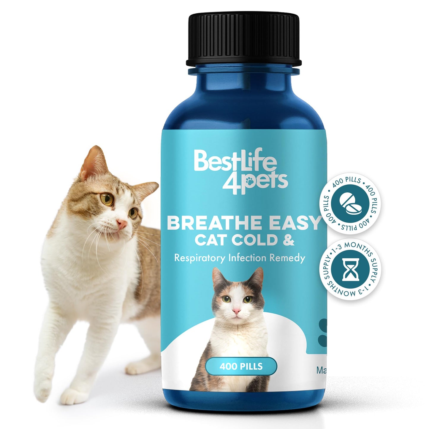 Cat Cold & Respiratory Infection Remedy, Breathe Easy Upper Respiratory Treatment for Cats Provides Natural Relief for Sneezing, Coughing, Nasal Congestion and Asthma, 400 Odorless, Tasteless Pills