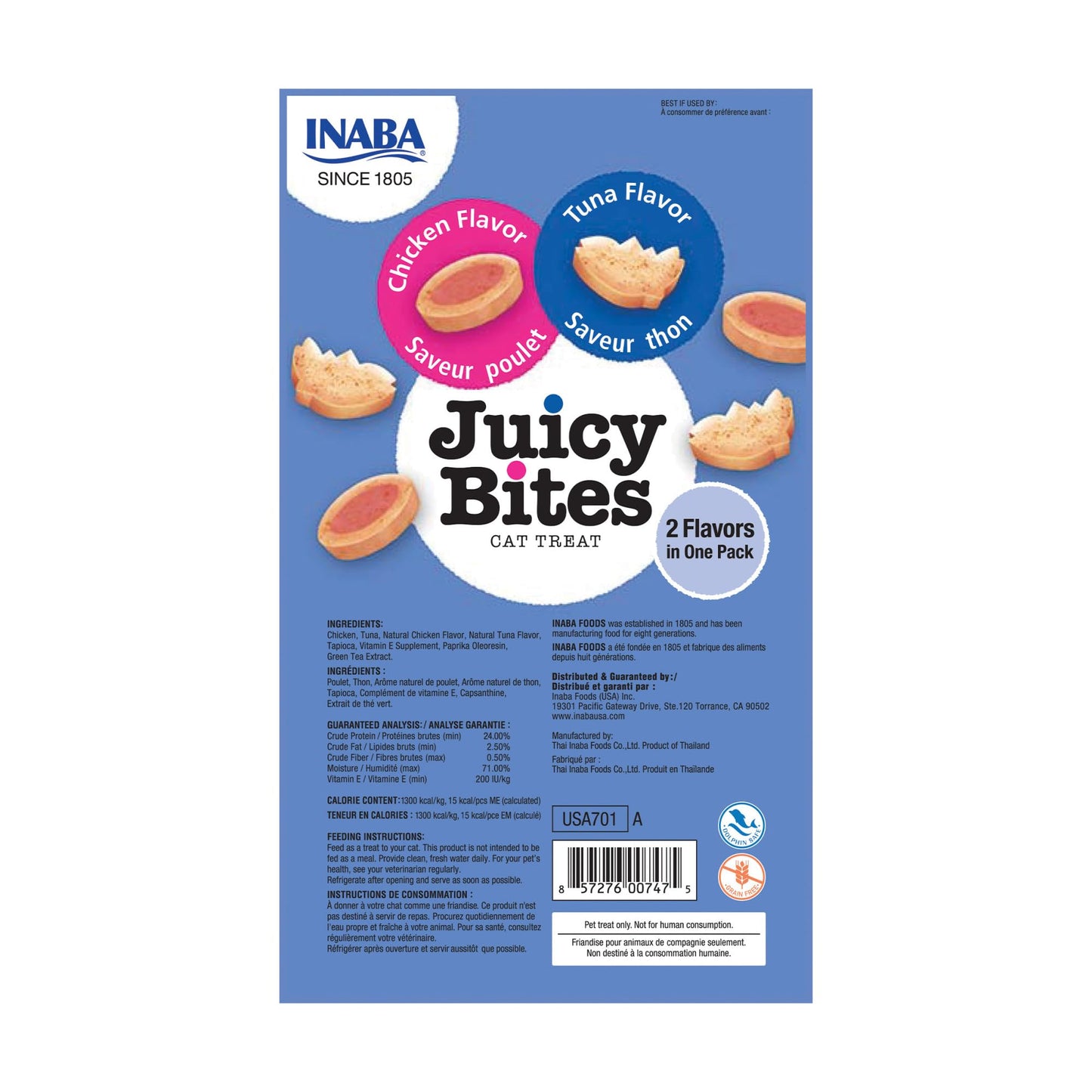 INABA Juicy Bites, Moist & Chewy Cat Treats with Vitamin E and Green Tea Extract, 0.4 Ounces per Pouch, 18 Pouches (3 per Bag), Tuna and Chicken