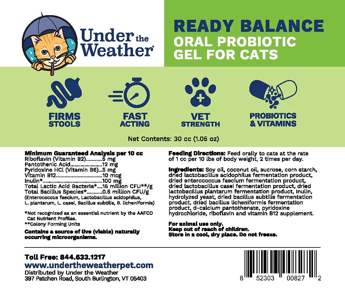 Under the Weather Pet | Ready Balance for Cats | Oral Probiotic and Prebiotic Gel | Maximum Strength Digestive Support | Beneficial Bacteria, Live Probiotics, Vitamins & Prebiotic Inulin