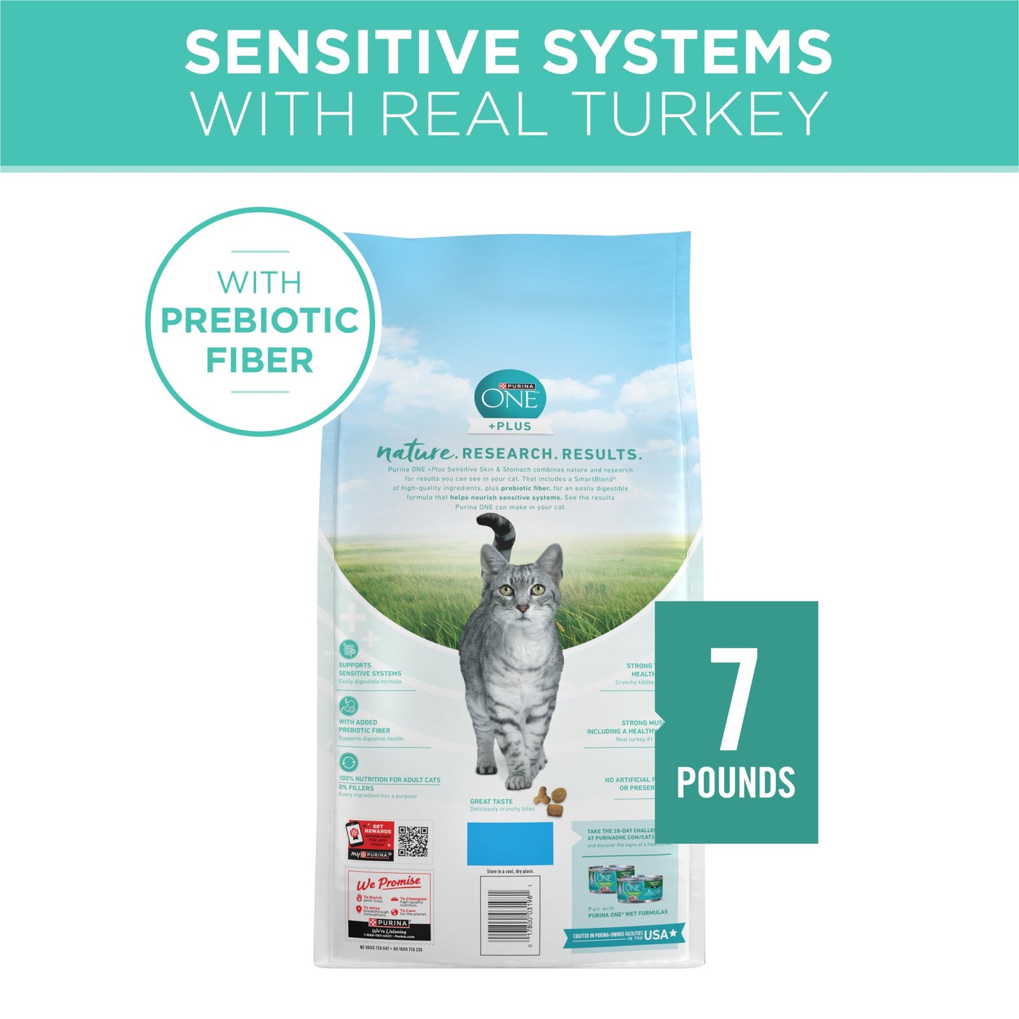 Purina ONE Sensitive Stomach, Sensitive Skin, Natural Dry Cat Food, +Plus Sensitive Skin and Stomach Formula - 7 lb. Bag