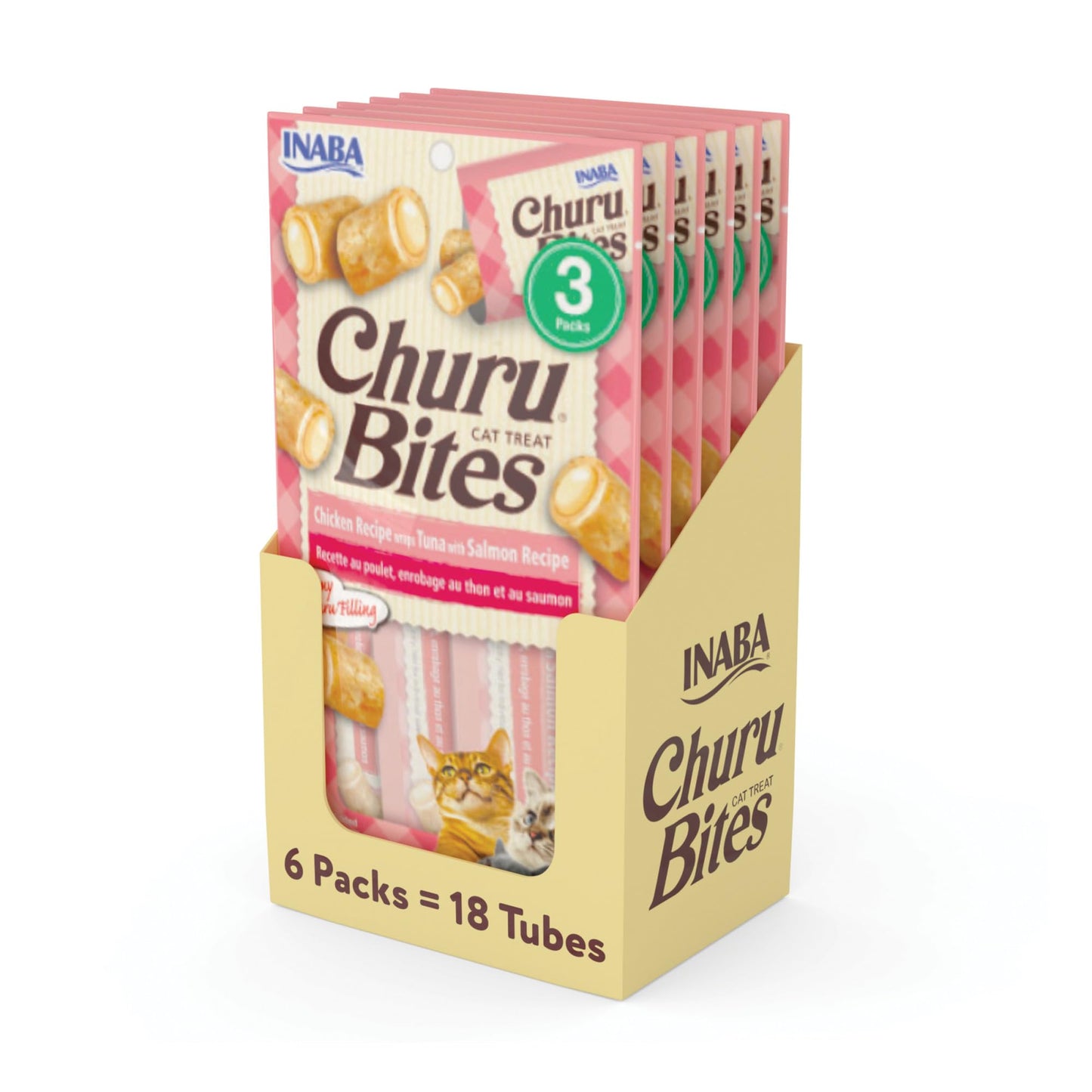 INABA Churu Bites for Cats, Soft Baked Chicken Churu Filled Cat Treats with Green Tea Extract, 0.35 Ounces Each Tube, 18 Tubes Total (3 per Pack), Tuna with Salmon Recipe