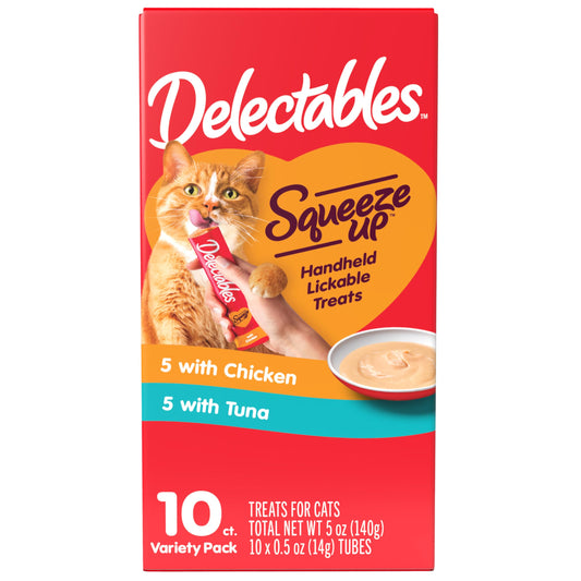 Hartz Delectables Squeeze Up Interactive Lickable Wet Cat Treats for Adult & Senior Cats, Chicken & Tuna, 10 Count,5 oz