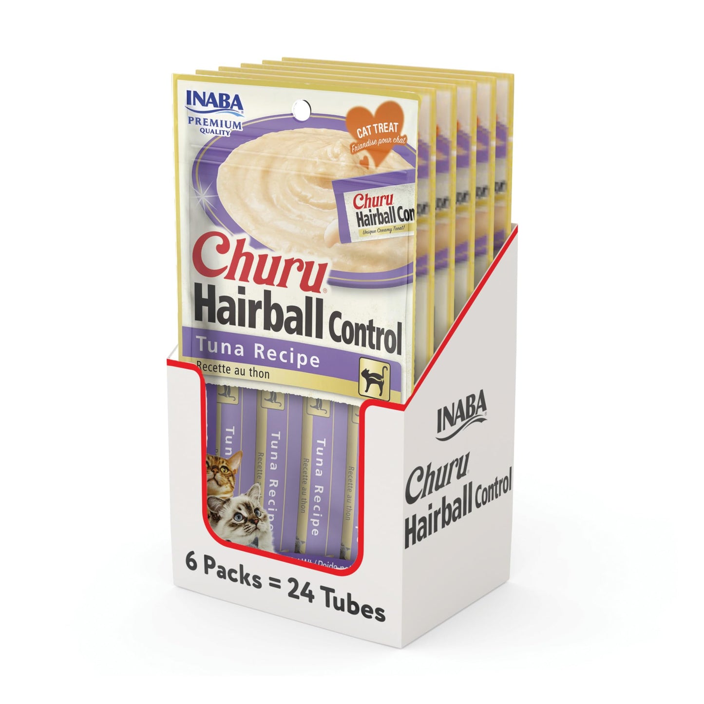 INABA Churu Hairball Control, Functional, Creamy Lickable Purée Cat Treat with Taurine & Vitamin E, 0.5 Ounces Each, 24 Tubes (4 per Pack), Tuna Recipe