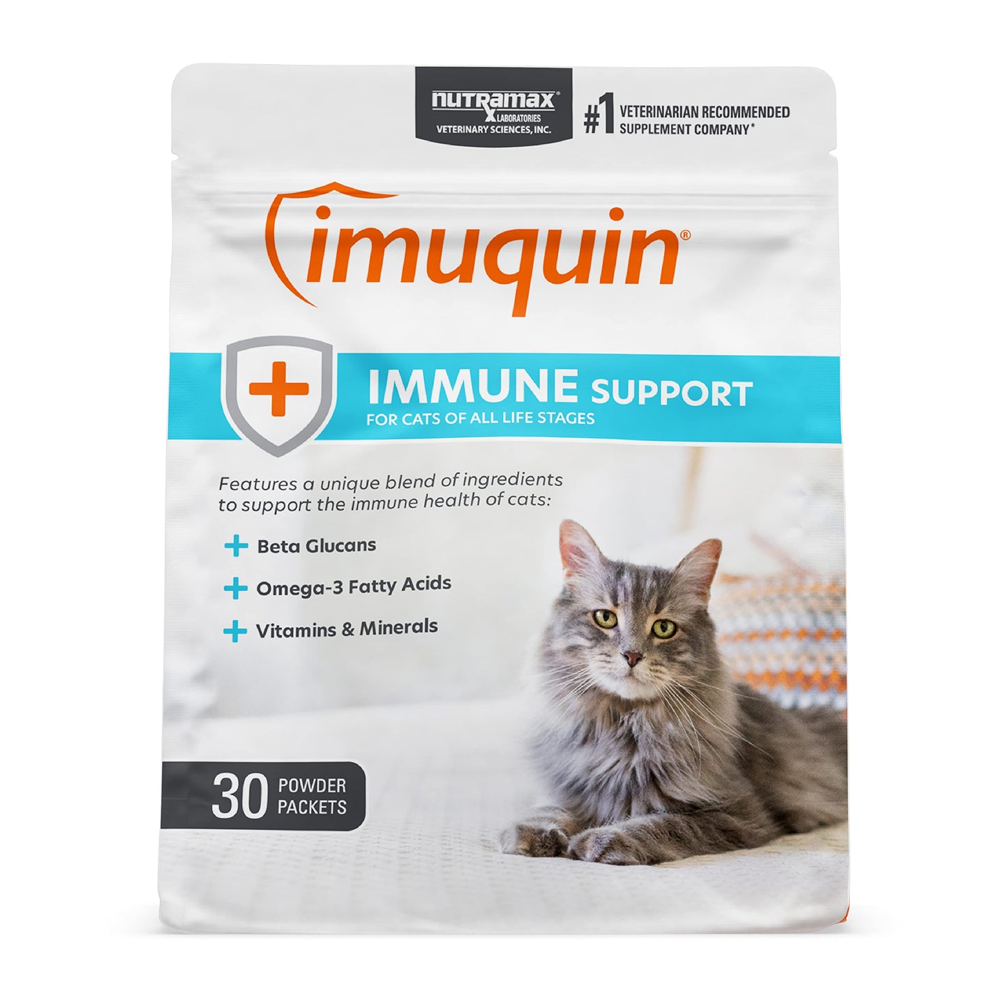 Nutramax Imuquin Immune Health Supplement Powder for Cats, with Beta Glucans, Marine Lipids, Vitamins and Minerals, 30 Packets, Updated Version