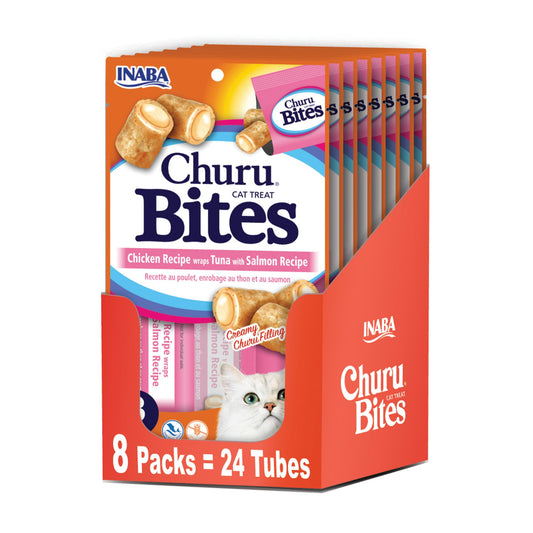 Inaba Churu Bites for Cats, Soft Baked Chicken Churu Filled Cat Treats with Vitamin E, 0.35 Ounces Each Tube, 24 Tubes Total (3 per Pack), Tuna with Salmon Recipe