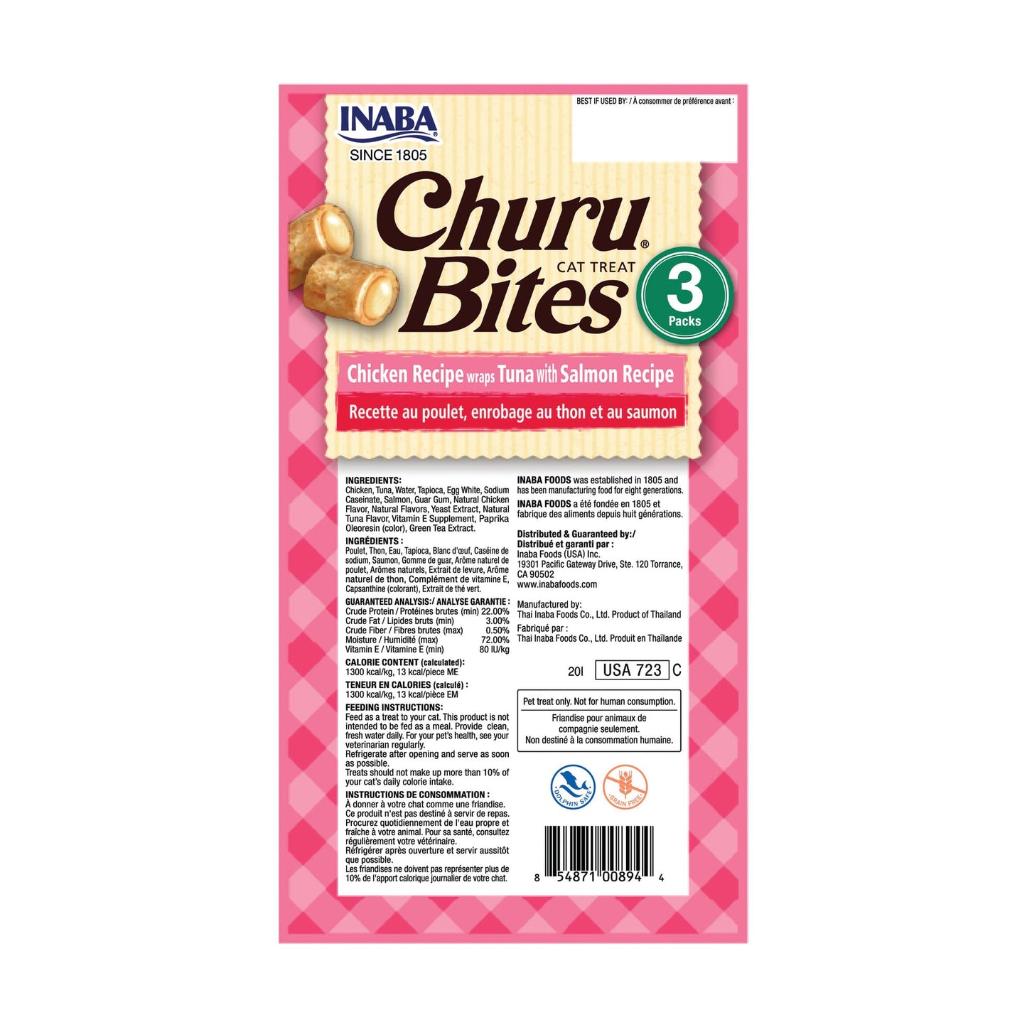 INABA Churu Bites for Cats, Soft Baked Chicken Churu Filled Cat Treats with Green Tea Extract, 0.35 Ounces Each Tube, 18 Tubes Total (3 per Pack), Tuna with Salmon Recipe