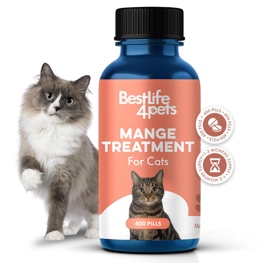 Mange Treatment for Cats, Natural Ear Mite Treatment & Cat Itchy Skin Relief Helps with Feline Scabies, Cat Dandruff, Shedding, Excessive Grooming and General Feline Skin Care, 400 Odorless Pills