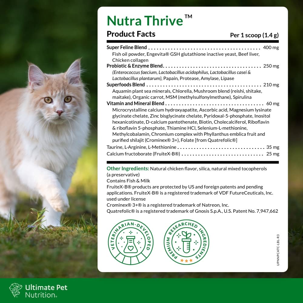 ULTIMATE PET NUTRITION Nutra Thrive™ Cat 40 in 1 Nutritional Supplement for Cats, Vitamins, Minerals, Probiotics, Enzymes, Antioxidants and Superfoods Blend, 30 Servings