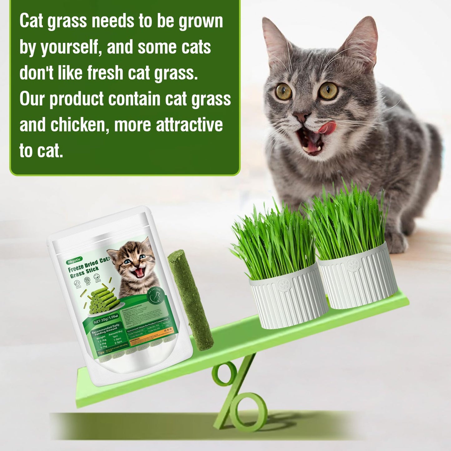 Hkpetie 30g Cat Grass Teething Stick, Delicious Cat Treat Snack Edible Cat Chew Toy for Teeth Cleaning and Hairball Removal in Cats