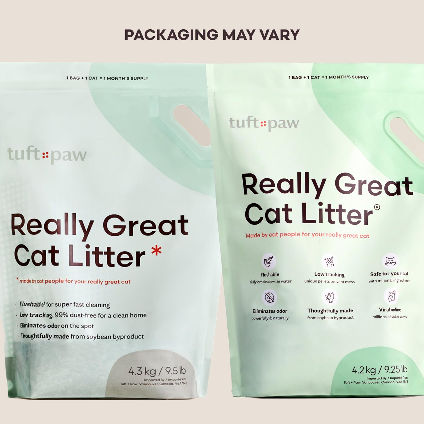 Tuft + Paw Really Great Cat Litter, Low Tracking Tofu Cat Litter, Clumping, Flushable, Odor Control, Dust-Free, Unscented - 9.25lbs x 2Bags