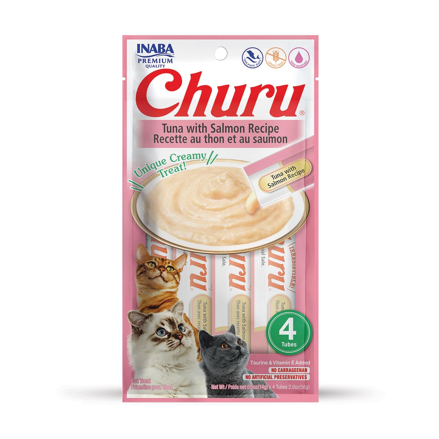 INABA Churu Cat Treats, Grain-Free, Lickable, Squeezable Creamy Purée Cat Treat/Topper with Vitamin E & Taurine, 0.5 Ounces Each Tube, 4 Tubes, Tuna with Salmon Recipe