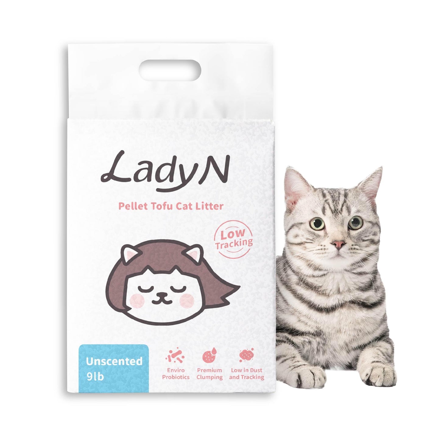 Lady N Pellet Tofu Cat Litter, Strong Clumping Ultra Absorbent, Dust-Free Low Tracking, Enviro-probiotic and Activated Carbon for Odor Control 9lb