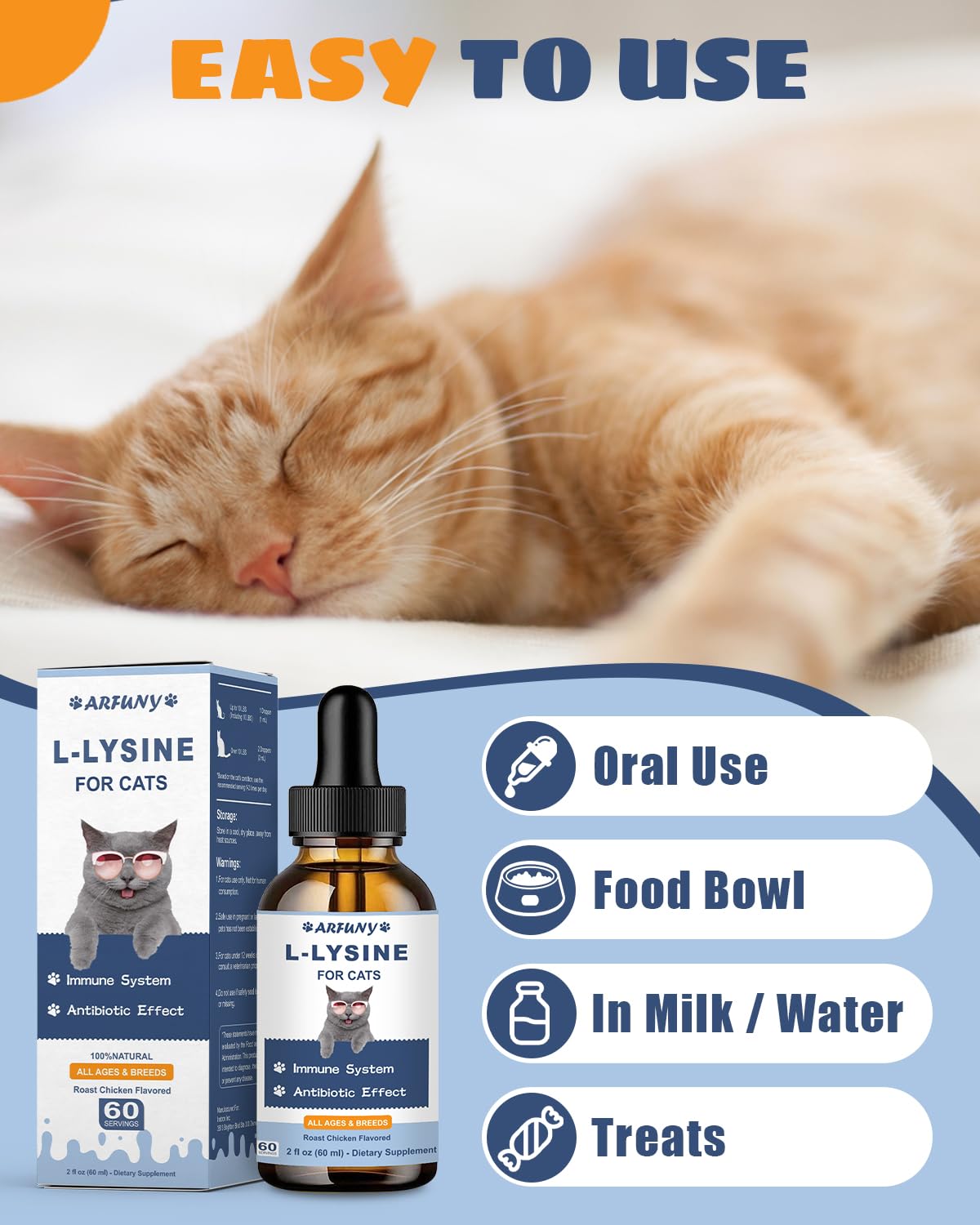 L-ysine Supplement for Cats - Immune Support - 60ML Lysine for Feline Respiratory, Sneezing, Runny Nose, Eye Function - Natural Cat Antibiotic Drops - Roast Chicken Flavor