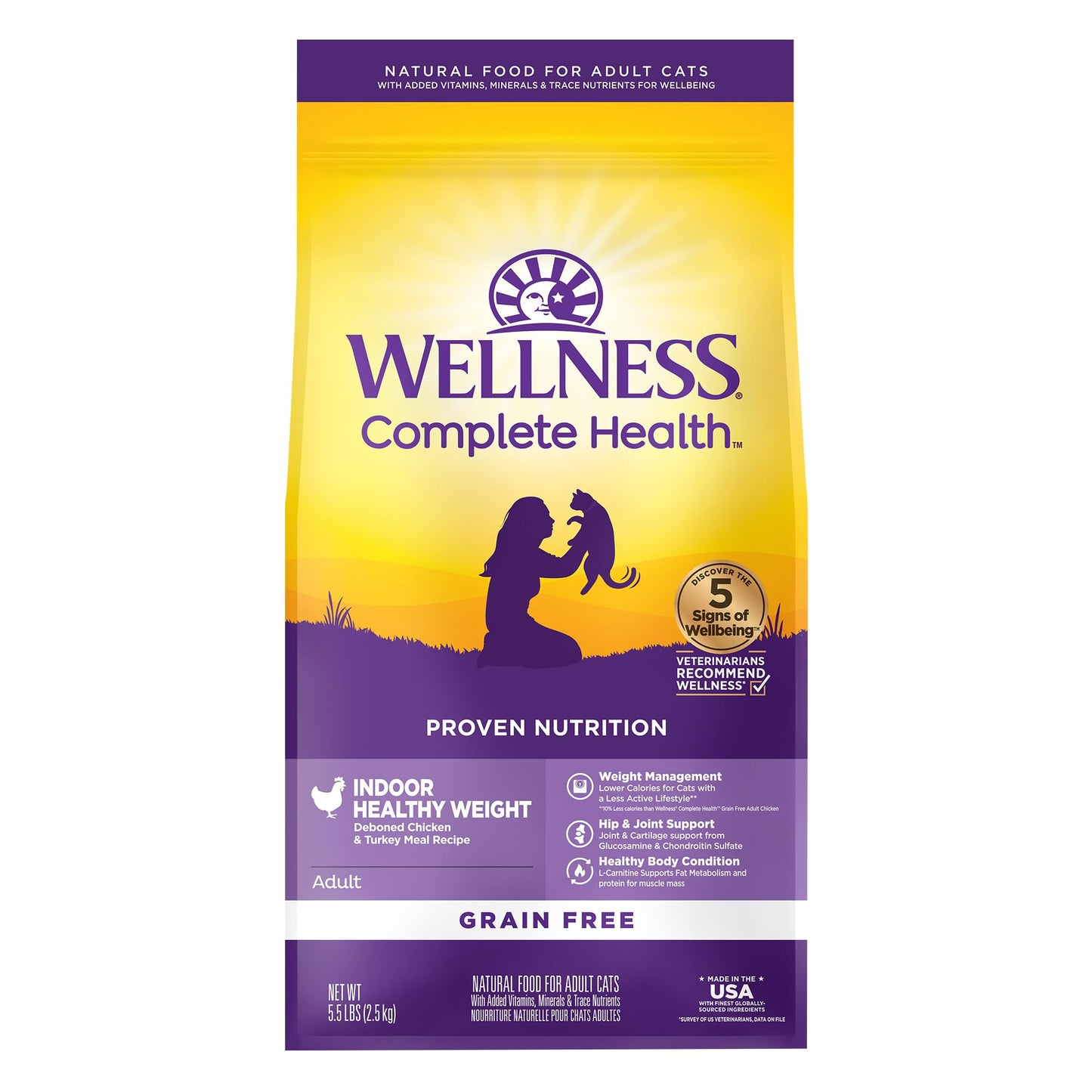 Wellness Natural Pet Food Complete Health Grain-Free Indoor Healthy Weight Chicken & turkey meal Recipe Dry Cat Food, 5.5 Pound Bag