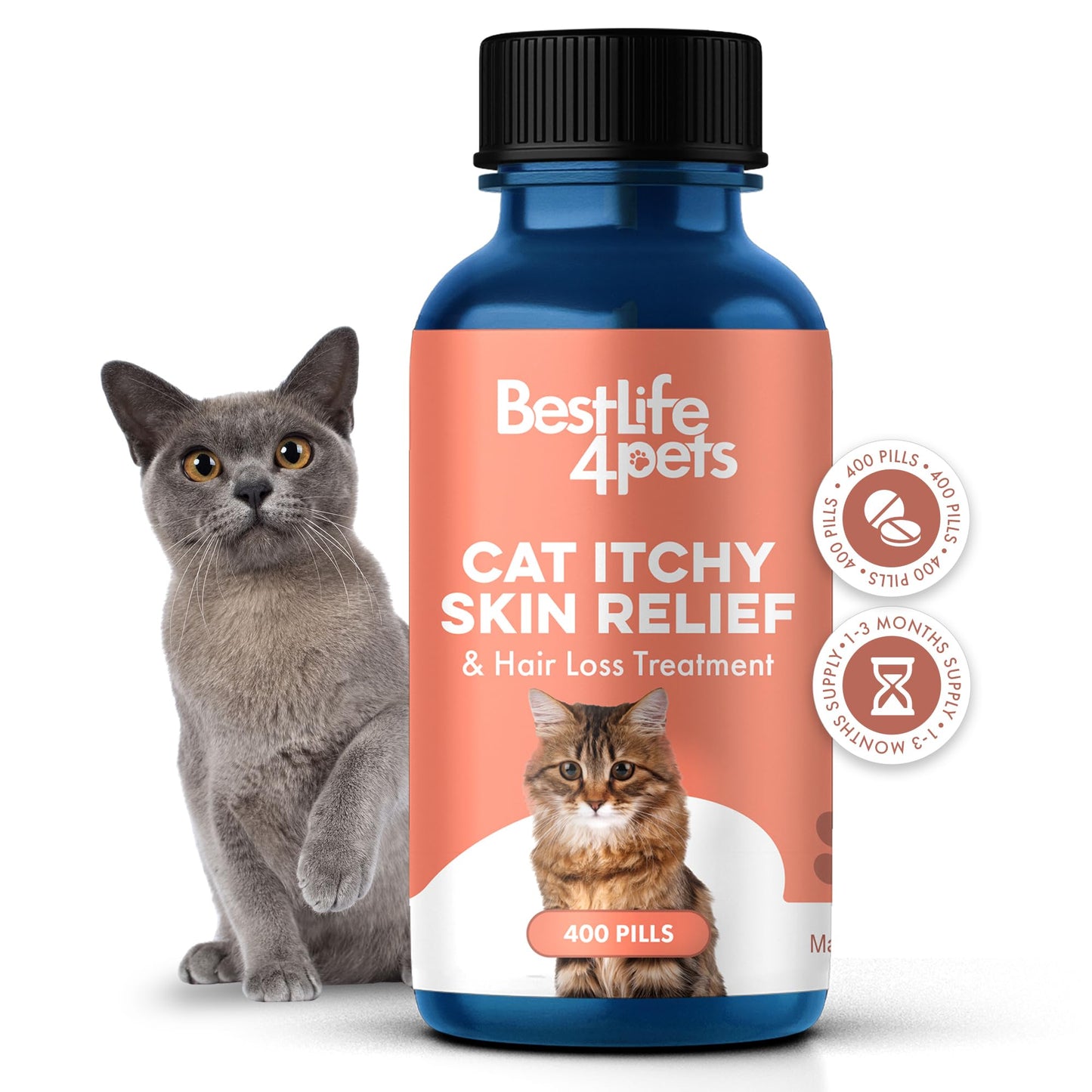 Cat Itchy Skin Relief & Hair Loss Treatment, Holistic Allergy Relief for Cats Calms Dry Skin, Dandruff & Reduces Licking, Scratching, Patchy, Matted and Shedding Fur, 400 Easy to Use Pills