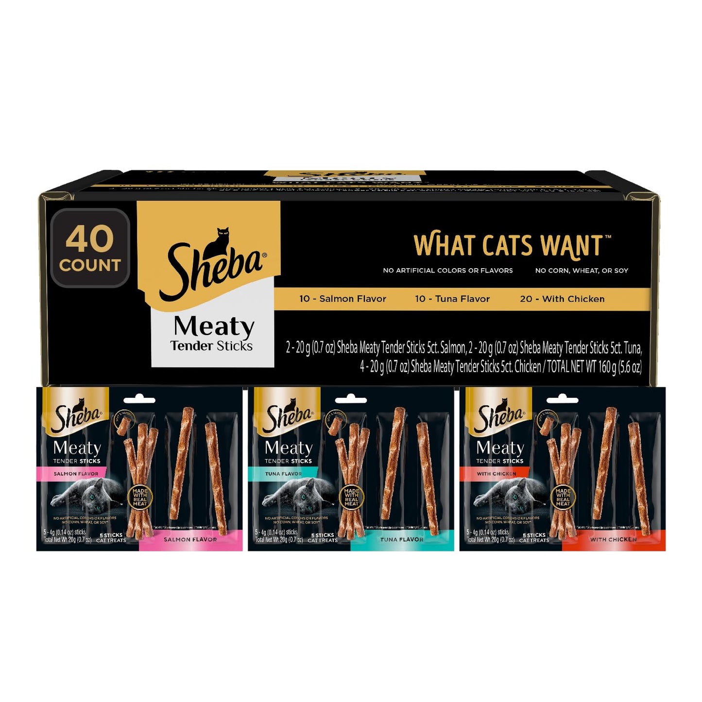 Sheba Meaty Tender Sticks Soft Cat Treats with Chicken, Tuna Flavor, and Salmon Flavor, 0.14 oz., 40 Count