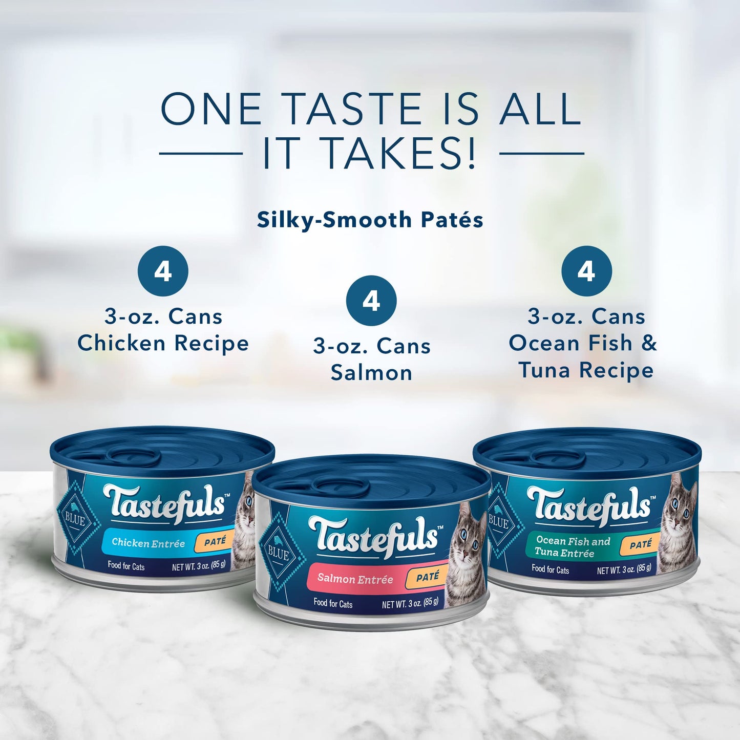 Blue Buffalo Tastefuls Natural Pate Wet Cat Food Variety Pack, Salmon, Chicken, Ocean Fish & Tuna Entrées 3-oz Cans (12 Count - 4 of Each Flavor)