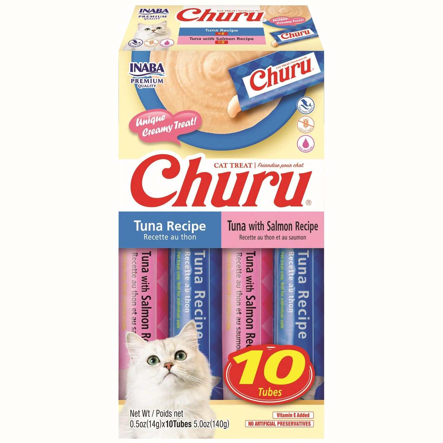 INABA Churu Cat Treats, Lickable Purée Treat/Topper with Vitamin E, 5 Tuna Recipe, 5 Tuna with Salmon Recipe