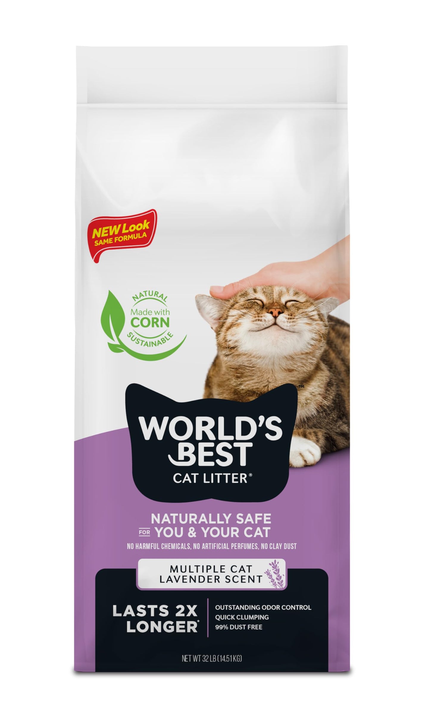 WORLD'S BEST CAT LITTER Multiple Cat Lavender Scented 32-Pounds - Natural Ingredients, Quick Clumping, Flushable, 99% Dust Free & Made in USA - Calming Fragrance & Long-Lasting Odor Control