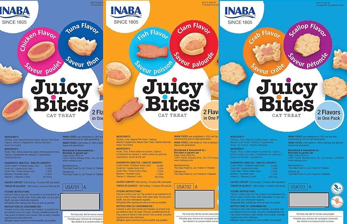 INABA Juicy Bites Grain-Free, Soft, Moist, Chewy Cat Treats with Vitamin E and Green Tea Extract, 0.4 Ounces per Pouch, 9 Pouches (3 per Pouch), 3 Flavor Variety Pack