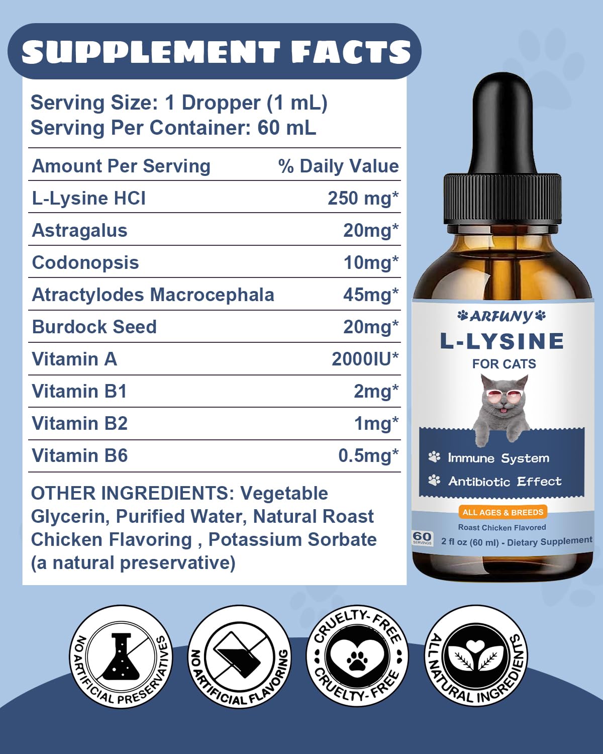 L-ysine Supplement for Cats - Immune Support - 60ML Lysine for Feline Respiratory, Sneezing, Runny Nose, Eye Function - Natural Cat Antibiotic Drops - Roast Chicken Flavor