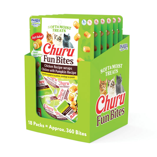 INABA Churu Fun Bites for Cats, Soft & Chewy Baked Chicken Wrapped Filled Cat Treats with Taurine, 0.42 Ounces Each Tetra, 18 Tetras (3 per Bag), Chicken with Pumpkin Recipe