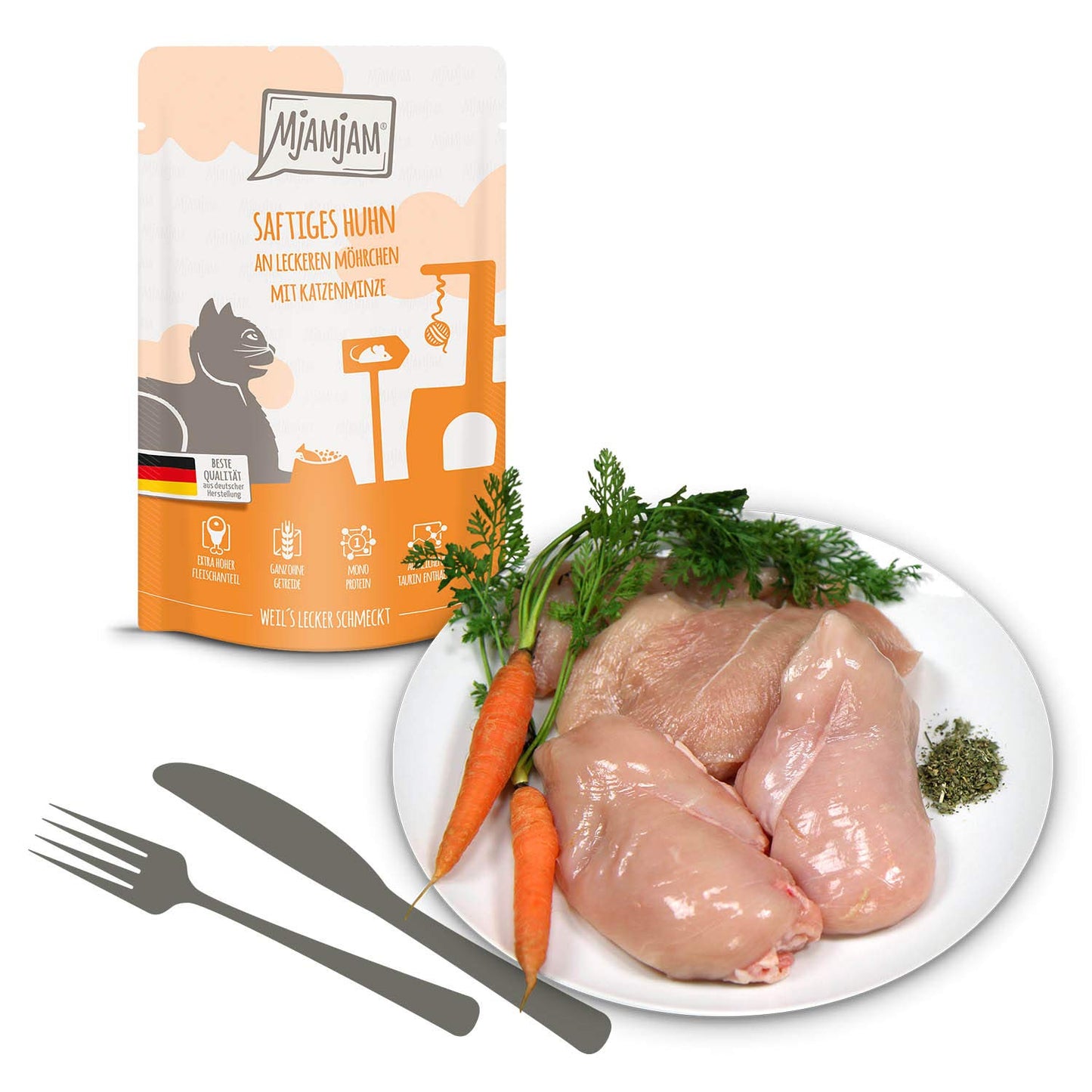 MjAMjAM - Premium Nassfutter für Katzen - Mixpaket I - Huhn, Rind, Herzen, 12er Pack (12 x 125 g), getreidefrei mit extra viel Fleisch