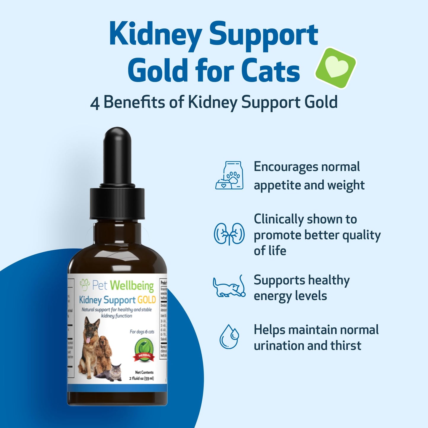 Pet Wellbeing Kidney Support Gold for Cats - Supports Healthy Kidney Function, Fluid Balance, Energy Levels, Rehmannia, Dong Quai - Veterinarian-Formulated Herbal Supplement 2 oz (59 ml)