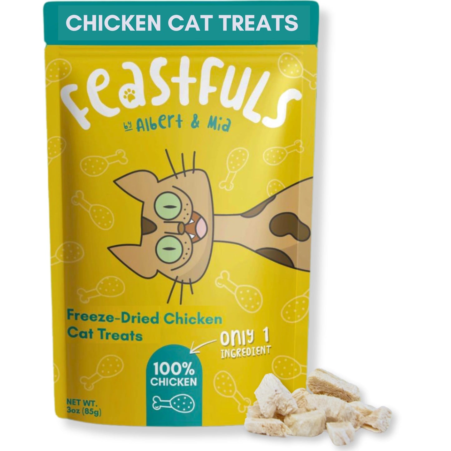 ALBERT & MIA Feastfuls Freeze Dried Cat Treats - 100% Chicken Breast, Soft, High in Protein, Extra Tasty, Great for Training Cats (3oz)