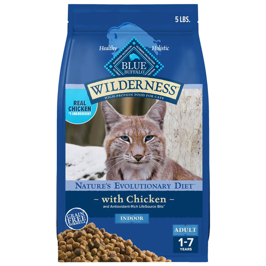 Blue Buffalo Wilderness Natural Adult Dry Cat Food Indoor Cats, High-Protein & Grain-Free, Chicken, 5-lb. Bag