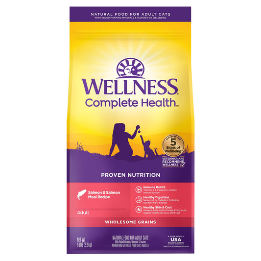 Wellness Complete Health Adult Dry Cat Food for Indoor and Outdoor Cats, Wholesome Grains, Natural, Salmon & Salmon Meal (5 Pound Bag)