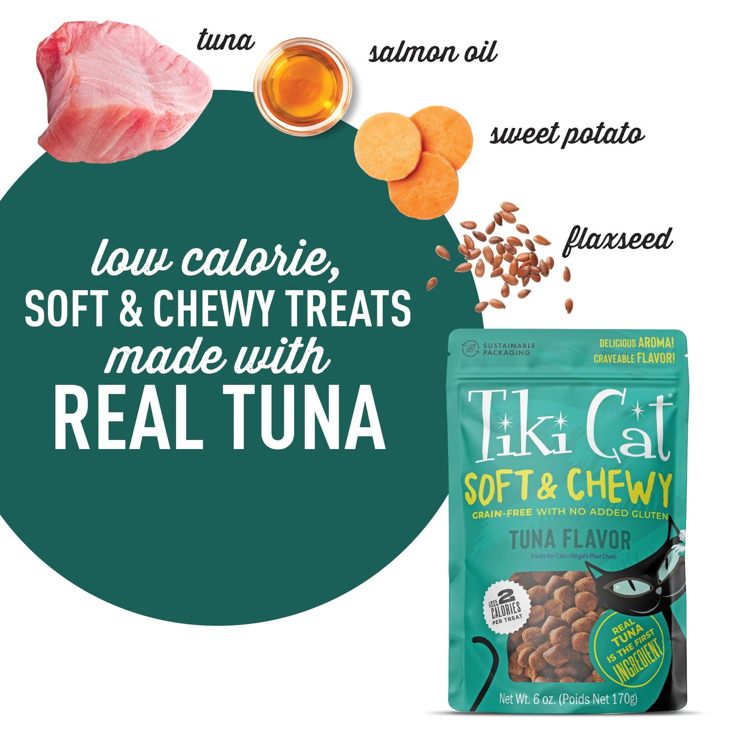 Tiki Cat Soft & Chewy Treats, Tuna Flavor, 3 Calories Per Treat with Grain-Free and No Added Gluten, 6 oz Pouch (Pack of 1)