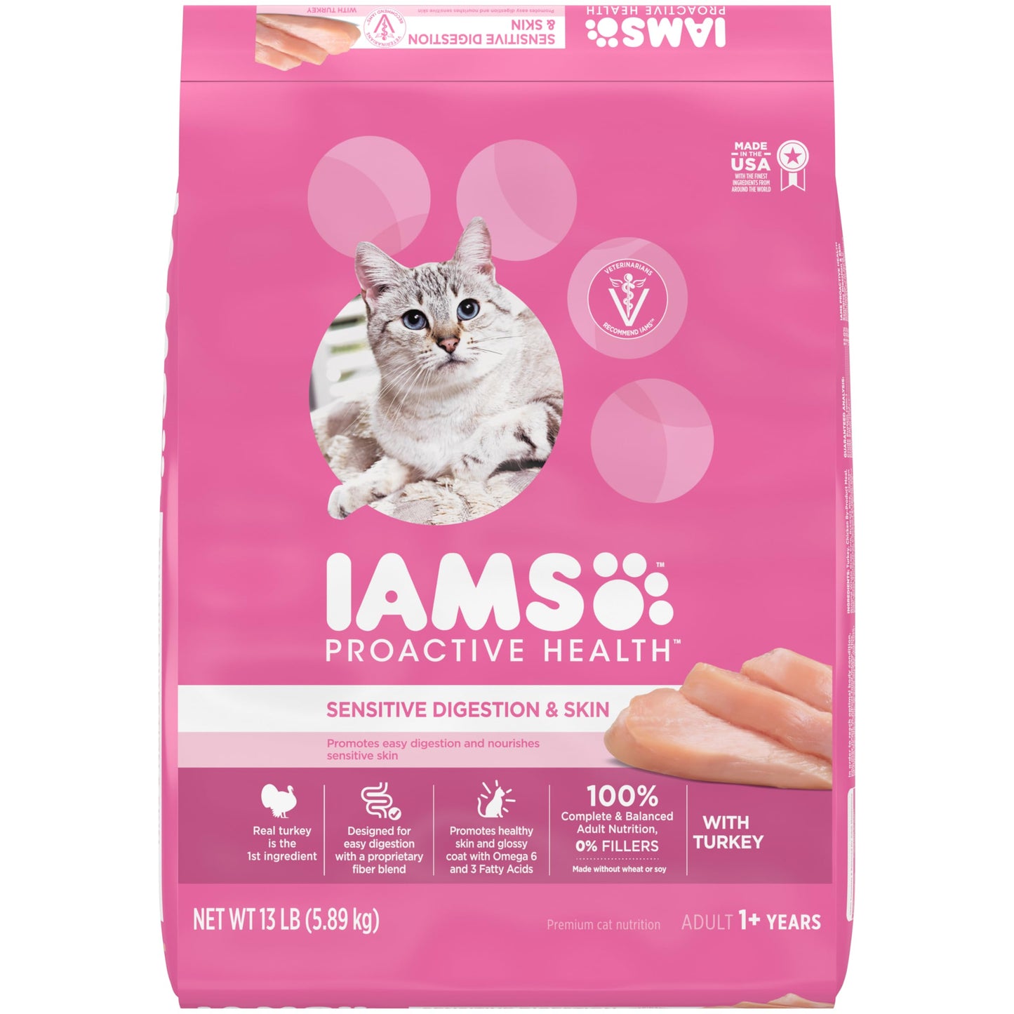 IAMS Proactive Health Adult Sensitive Digestion & Skin Dry Cat Food with Turkey, 13 lb. Bag