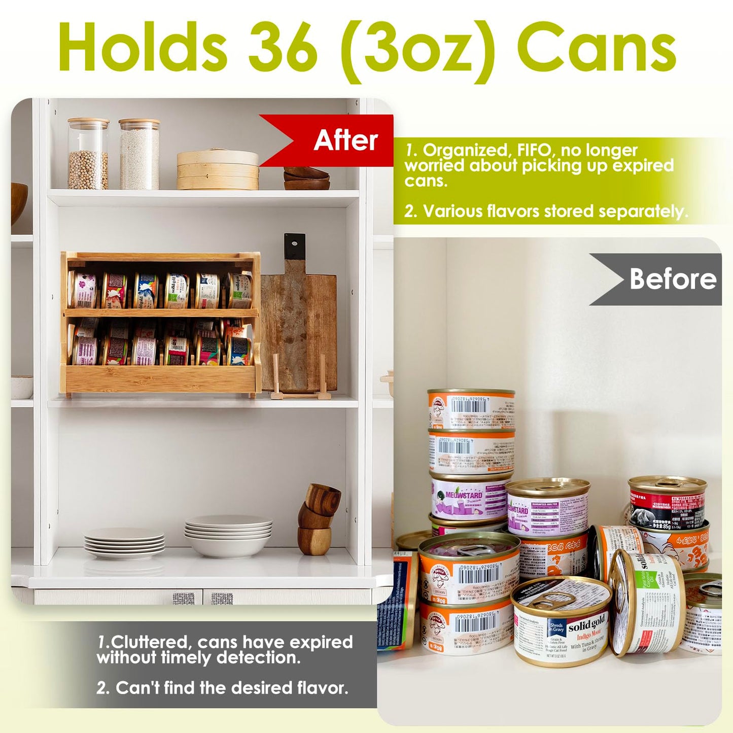 Coanto Upgraded Cat Food Organizer, Cat Food Can Organizer, Can Organizer for Pantry, Cat Food Storage, Bamboo, Holds 36 (3oz) Cans