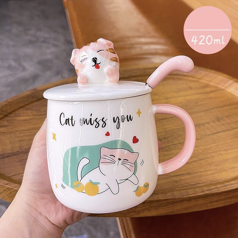 Cartoon Cat Mug With Lid Spoon Cute Ceramic