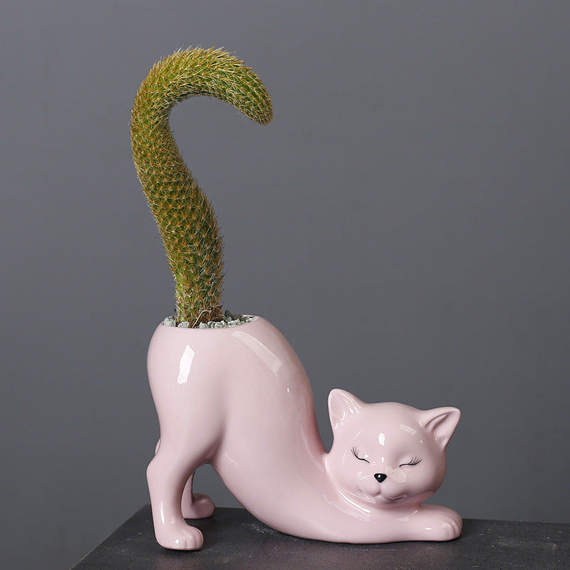 Creative Cute Cat Tail Column Flowerpot Ceramic