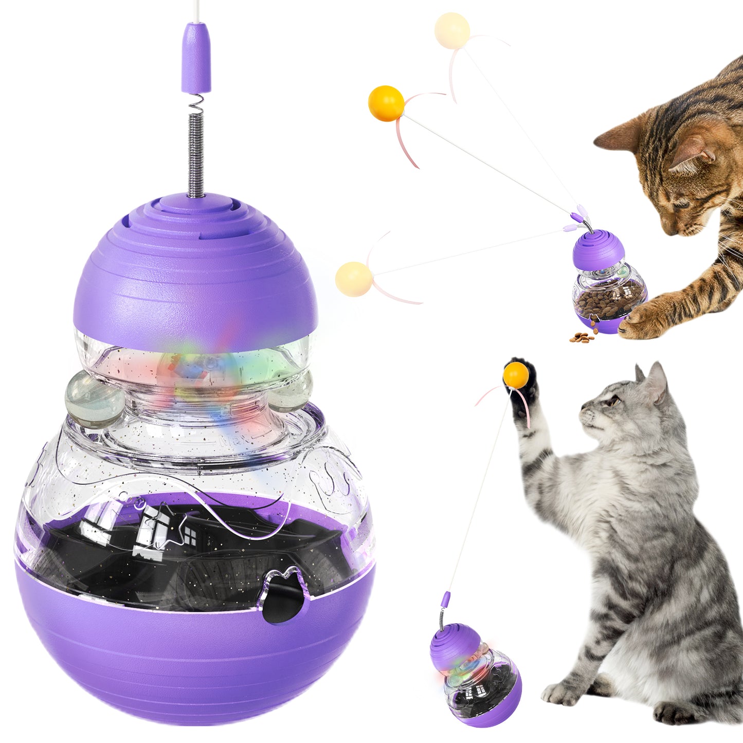 The tumbler spins a cat teaser stick and emits a glowing cat toy food dispenser