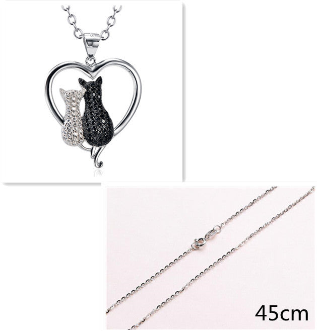 S925 Sterling Silver Creative Full Diamond Couple Cat Necklace female pendant jewelry