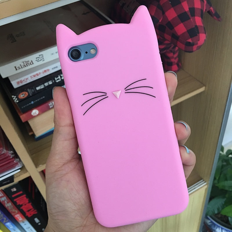 Cute 3D Silicone Cartoon Cat Pink Black Soft Phone Case Cover Coque Fundas For iPhone 7 7Plus 6 6S 5S SE X XS Max