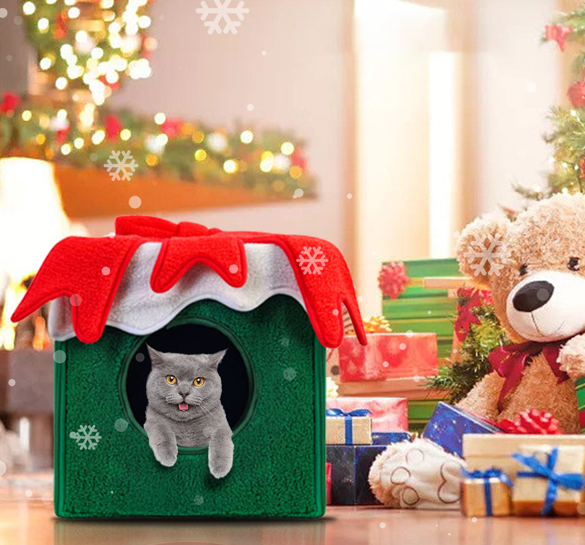 New Detachable Christmas Gift Box Shape Cat Litter Autumn And Winter Warm Detachable And Washable Plush Large Space Cotton Nest