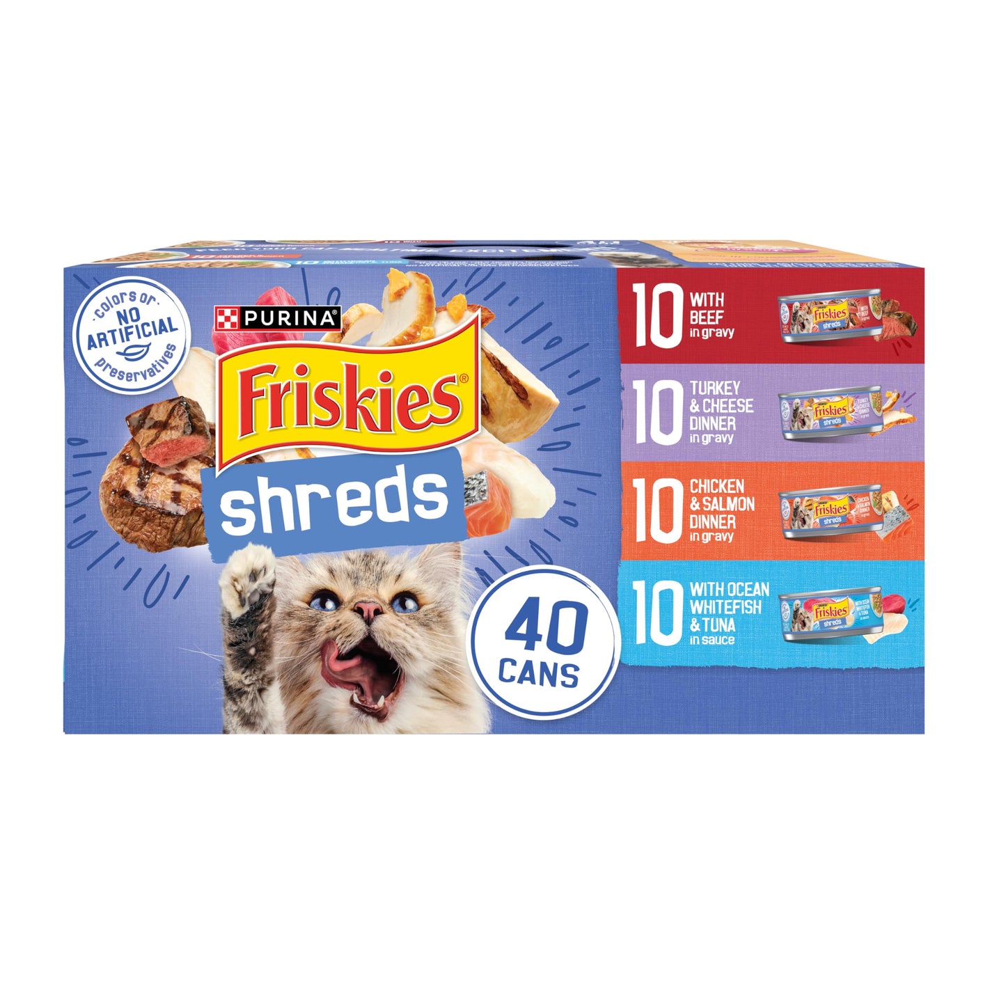 Purina Friskies Wet Cat Food Variety Pack, Shreds With Beef, Turkey and Cheese Dinner, Chicken and Salmon Dinner, and With Ocean Whitefish and Tuna - (Pack of 40) 5.5 oz. Cans