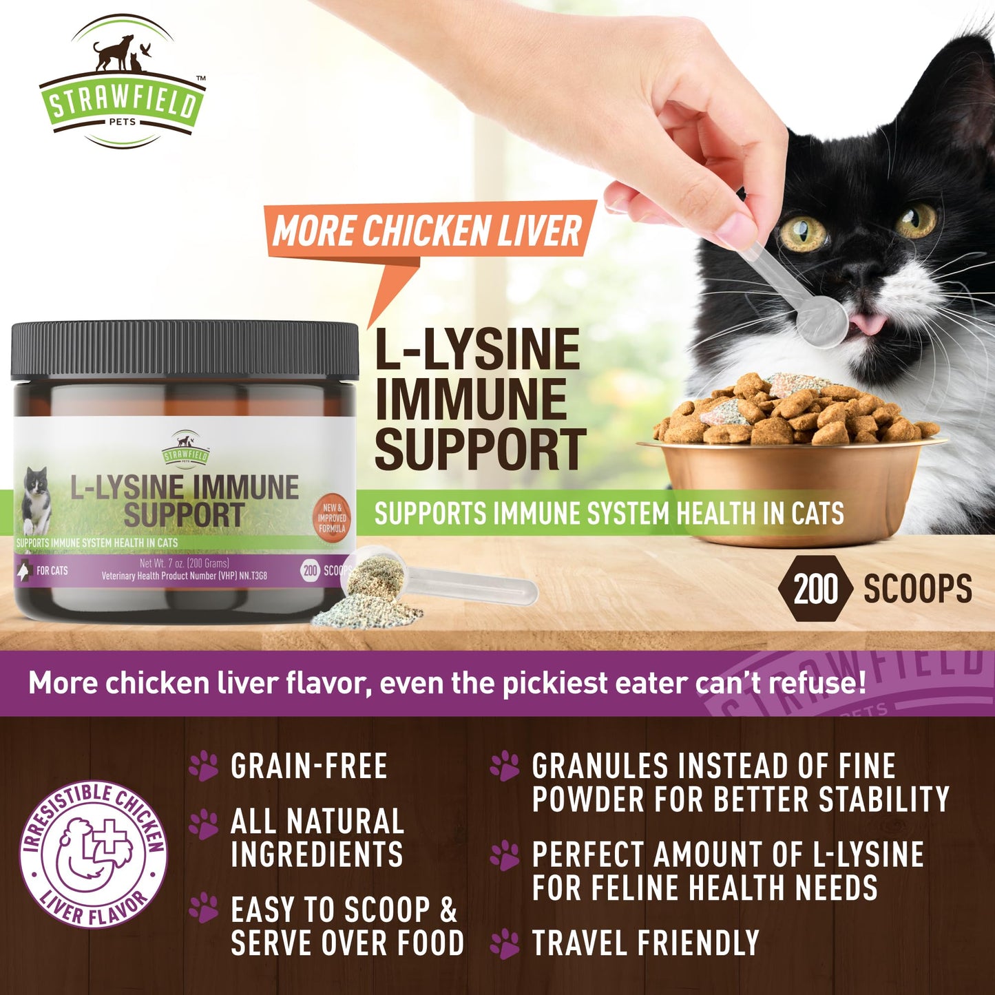 Strawfield Pets L-Lysine Immune Support for Cats & Kittens - 200g Chicken Liver Flavor Granules with Scoop, Immune Health Supplement Cat Cold Relief, Sneezing, Congestion, Running Nose, Watery Eyes