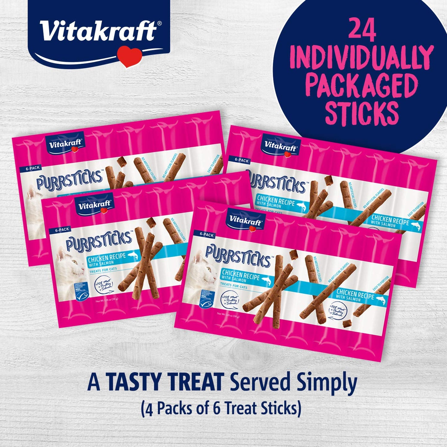 Vitakraft PurrSticks Meaty Cat Sticks - Chicken & Chicken with Salmon - Segmented and Breakable Meatstick - Deliciously Tender - Multi Pack of 4